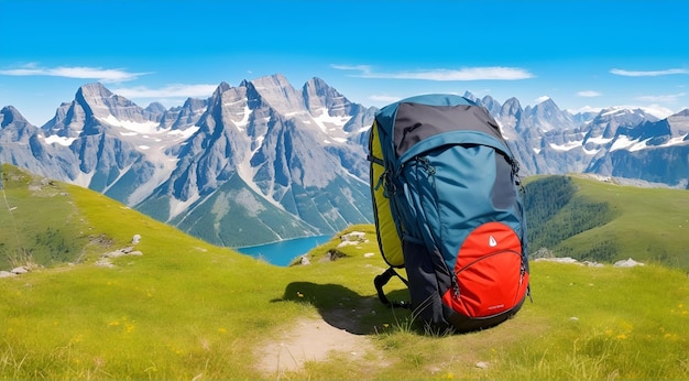 Mochila de turista no alto das montanhas na grama em um dia ensolarado