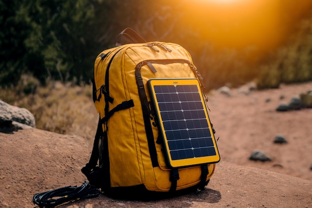 Mochila de viagem amarela brilhante com eletricidade de painel solar para camping e sola compacta ao ar livre