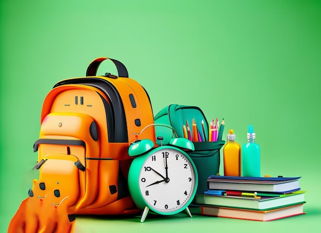 mochila diferente con un reloj despertador y equipo escolar concepto de regreso a la escuela en verde
