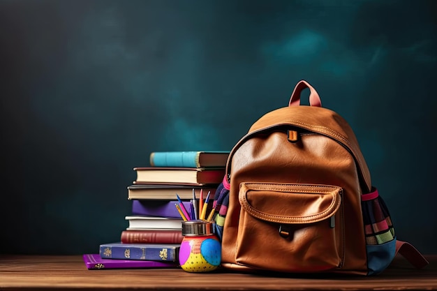 Mochila elegante con papelería escolar diferente en la mesa en el interior Espacio para texto Concepto de regreso a la escuela Ai generativo