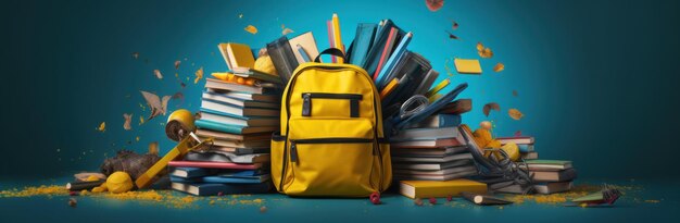 mochila escolar amarela em fundo azul com espaço de texto de materiais escolares