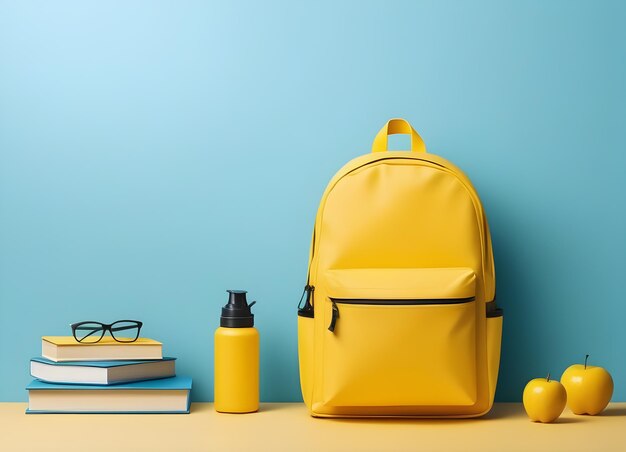 mochila escolar amarilla libros de texto vasos botella de agua y manzanas
