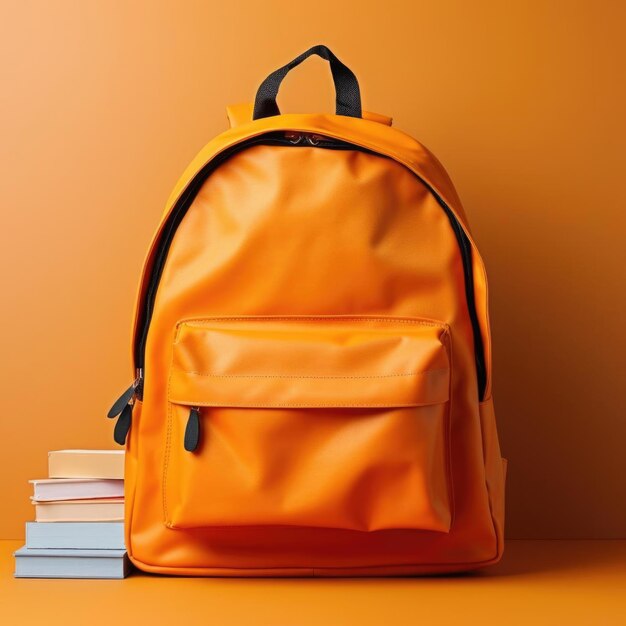 Foto una mochila escolar colorida con diferentes artículos de papelería en la mesa cerca de la pared naranja