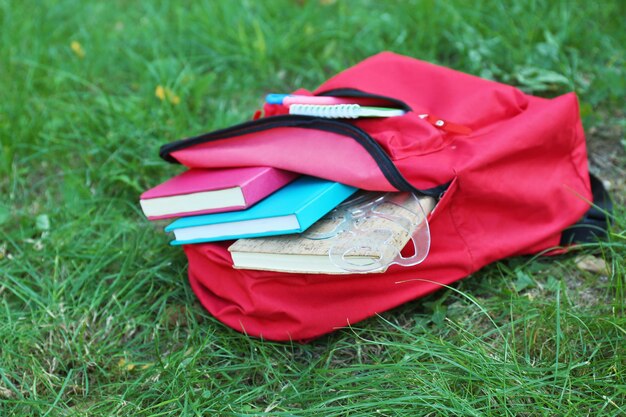 Foto mochila escolar com acessórios na grama verde