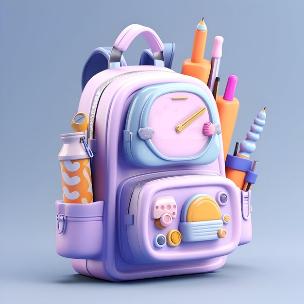 Foto mochila escolar com artigos de escritório retorno à escola conceito ilustração 3d