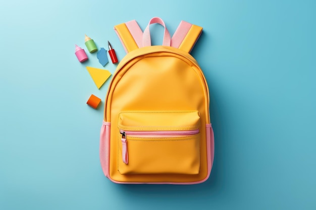 Mochila escolar com artigos de papelaria em fundo colorido Conceito de volta às aulas Mochila com material escolar Vista superior AI gerada