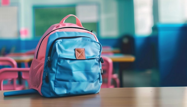 Mochila escolar com artigos de papelaria na mesa na sala de aula