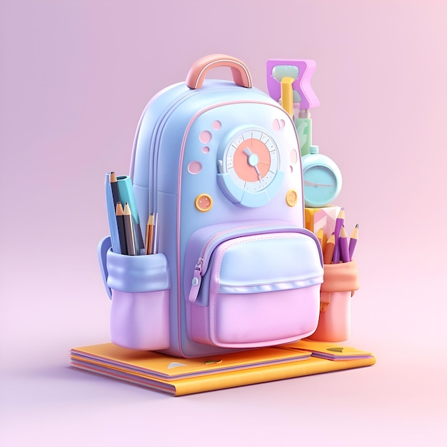 Foto mochila escolar com ilustração 3d de papelaria