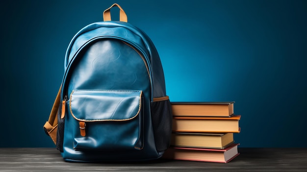 Mochila escolar com livros isolados em fundo azul de volta aos elementos essenciais da escola