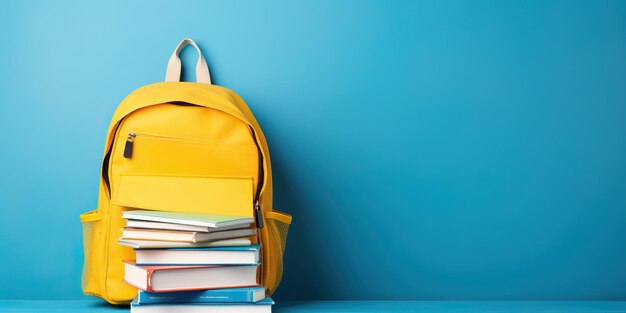 Mochila escolar completa com livros isolados em fundo azul com espaço de cópia de volta ao conceito de escola