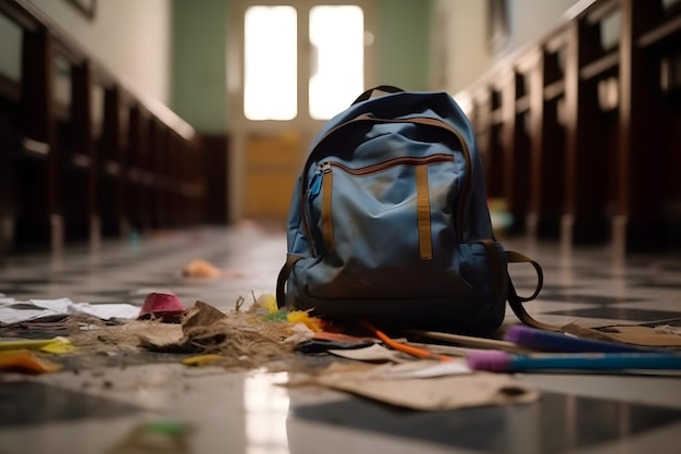 Una mochila escolar desordenada en el suelo del aula.