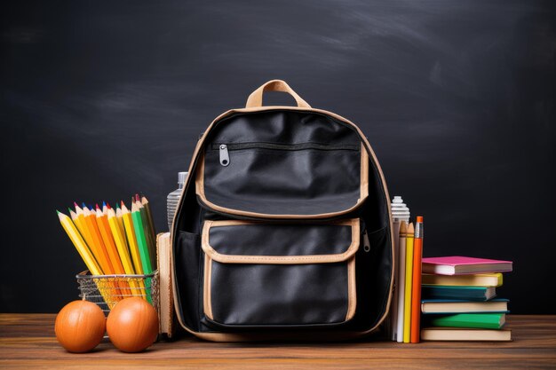 Mochila escolar e livros didáticos em frente a um quadro negro em uma mesa escolar Conceito de volta às aulas