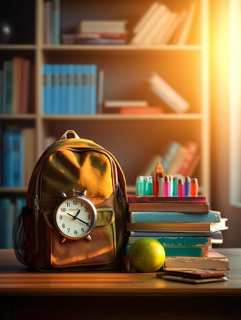 Mochila escolar e livros na mesa de madeira com elementos escolares