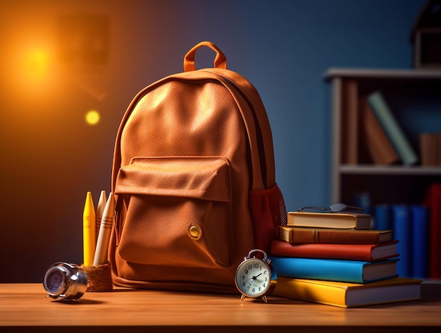 Mochila escolar e livros na mesa de madeira com elementos escolares