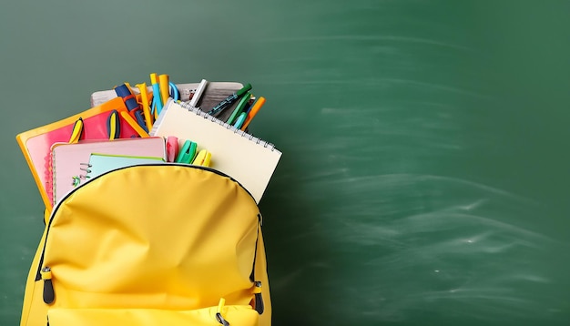 mochila escolar con libro y lápiz sobre fondo verde