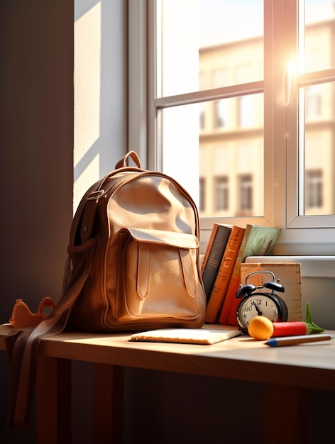 Mochila escolar y libros sobre una mesa de madera con elementos escolares frente a la ventana