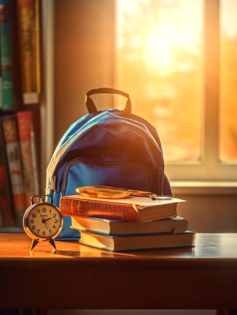 Mochila escolar y libros sobre una mesa de madera con elementos escolares frente a la ventana