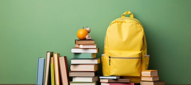 mochila escolar con libros y suministros en fondo verde de vuelta a la escuela concepto con espacio de copia