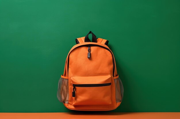 Foto mochila escolar naranja sobre fondo verde concepto de regreso a la escuela con espacio de copia