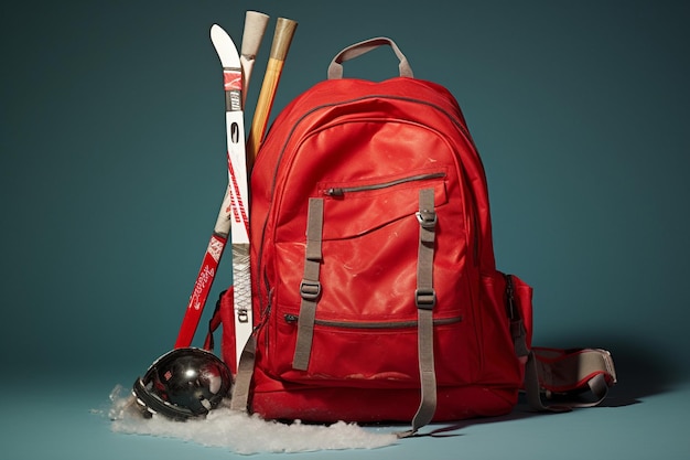 Una mochila escolar con un palo de hockey de campo unido