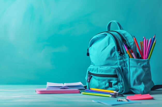 mochila escolar y papelería en un fondo de un color de regreso al concepto de la escuela set de papelería con mochila en el fondo Ai generado