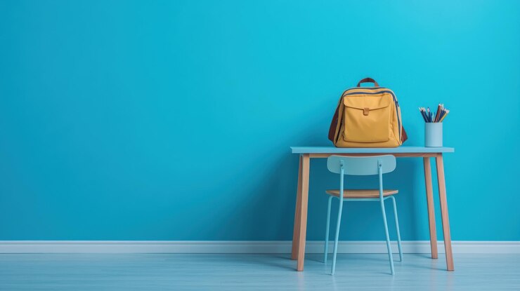 La mochila en un escritorio azul