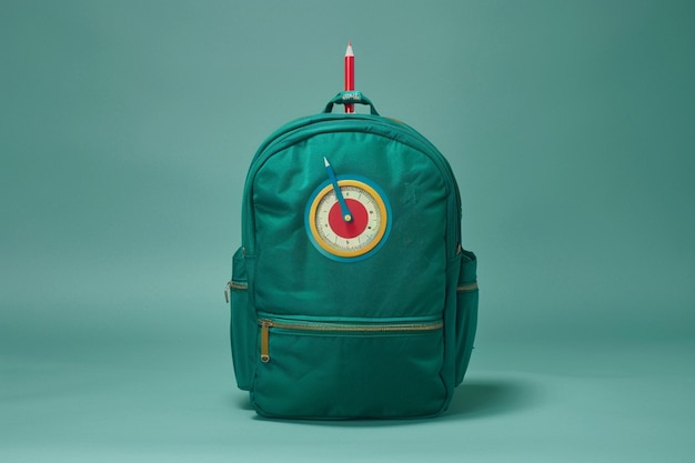 Una mochila de la escuela con un protractor sobresaliendo