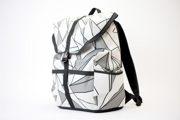 Foto mochila con estampado geométrico en blanco y negro en ángulo sobre blanco