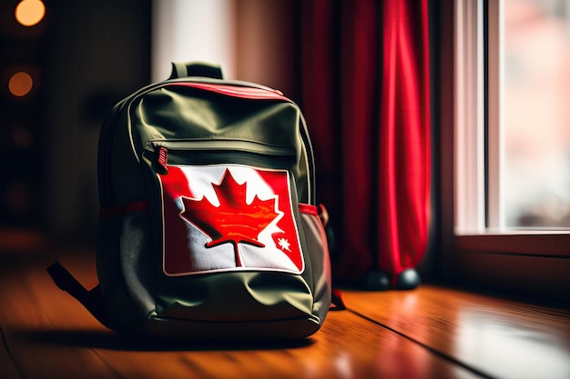 Una mochila con una hoja de arce de la bandera canadiense se sienta en un piso de madera