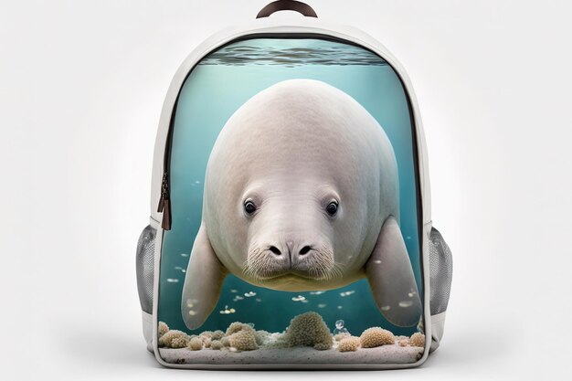Foto mochila infantil para la escuela con una fotografía de un animal acuático recortadas sobre fondo blanco.