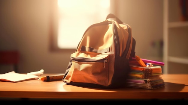 Foto mochila laranja com material escolar na mesa de volta ao conceito de escola generative ai
