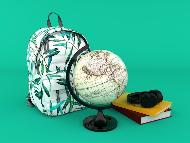 Mochila con libros y globo terráqueo