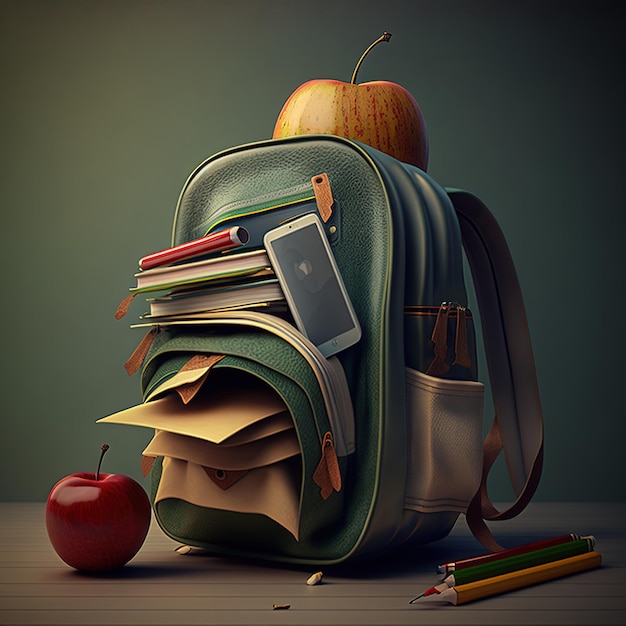 Una mochila con libros y una manzana encima.