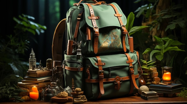 Una mochila llena de educación de aventuras y exploración de verano sobre fondo verde.