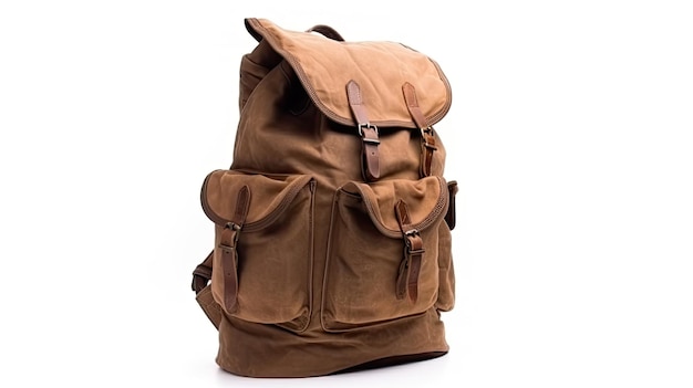 Una mochila marrón con correas de cuero y una correa de cuero.