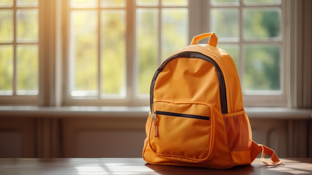 una mochila en la mesa junto a una ventana