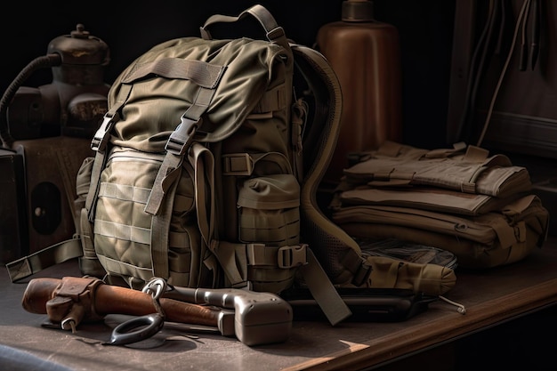 Foto mochila militar amarrada com rifle e outros equipamentos para missão longa