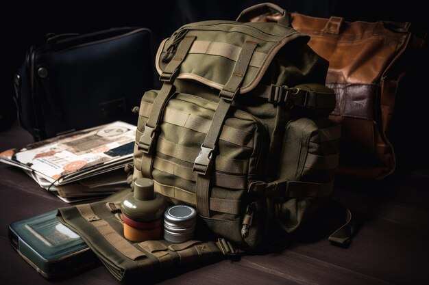 Foto mochila militar com suprimentos médicos prontos para atendimento de emergência