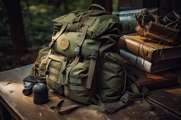 Mochila militar llena de equipo de supervivencia listo para la accion Imagen Premium generada con IA