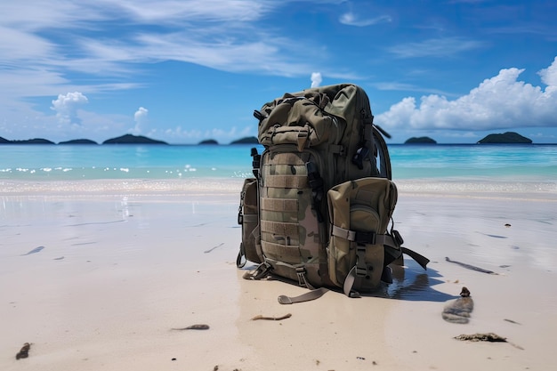 Mochila militar na praia com águas cristalinas e vista tropical