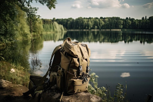 Mochila militar con vista al hermoso lago para un ambiente sereno