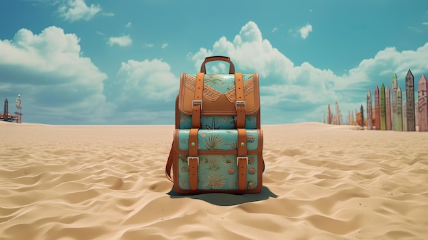 Mochila na areia da praia Cena de férias com mochila na linha costeira Generative AI