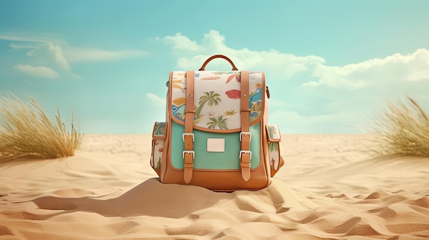 Mochila na areia da praia Cena de férias com mochila na linha costeira Generative AI