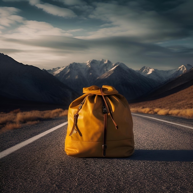 Mochila na estrada com montanhas ao fundo Conceito de viagem