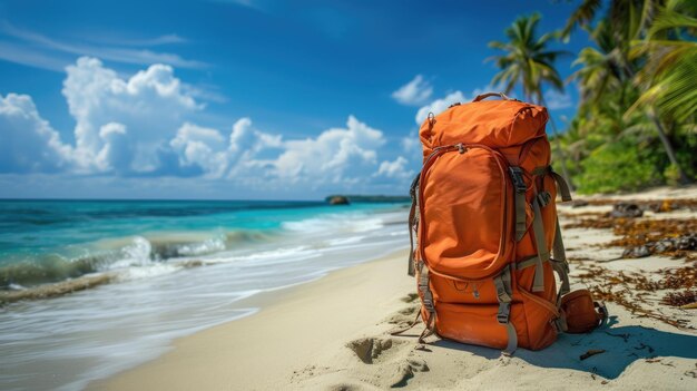 Mochila na praia Conceito de férias e viagens Espaço de cópia