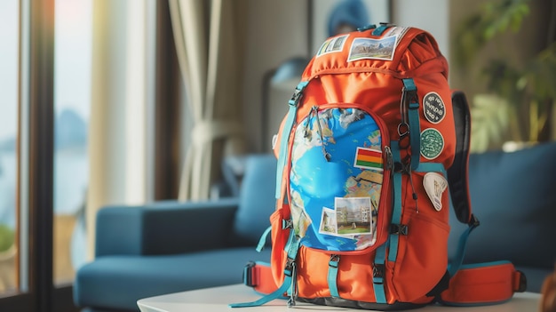 Una mochila naranja con pegatinas y un globo interior