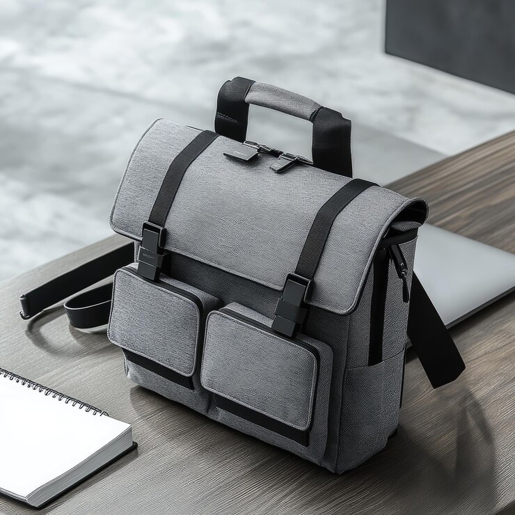 una mochila negra y gris se sienta en una mesa junto a un cuaderno
