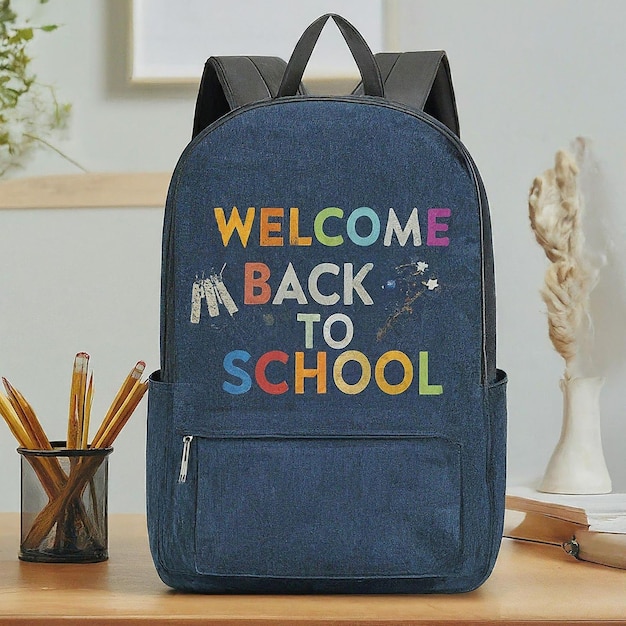 una mochila con las palabras bienvenido de vuelta a la escuela escritas en ella