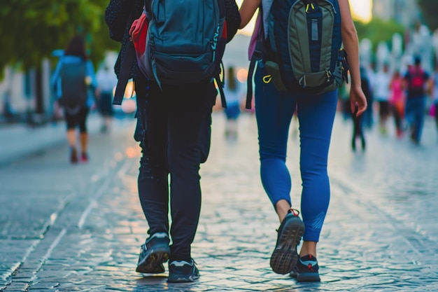 mochila pesada caminando deporte correr en la ciudad juntos