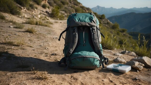 La mochila en una roca frente al paisaje montañoso